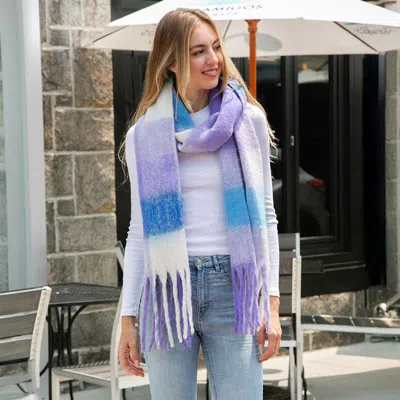 Truedames Soft Plaid Oblong Fringe Long Scarf In Purple