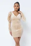 Truedames Soft Velvet Pleated Puff Sleeve Low V Neck Front And Back Mini Dress In Brown