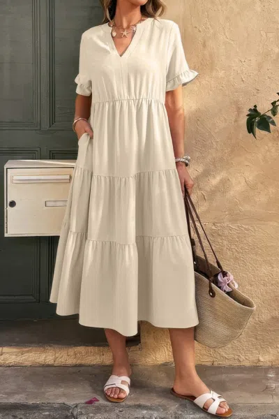 Truedames Solid A Line Ruffle Hem Color Block Dress In White