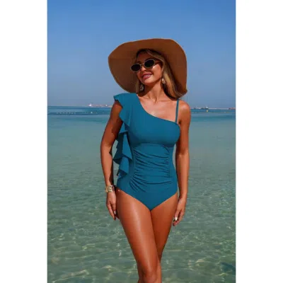 Truedames Solid Asymmetric Shoulder Ruffle Swimsuit In Blue