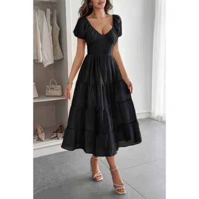 Truedames Solid Backless Tiered Puff Sleeve Fit Midi Dress In Black