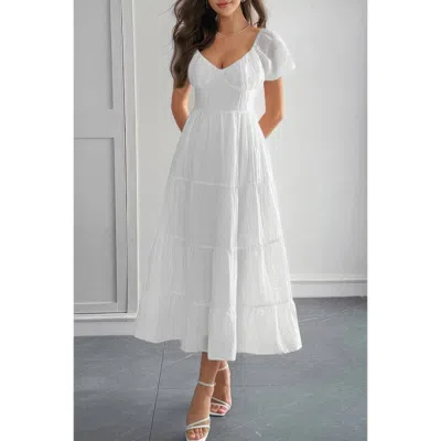Truedames Solid Backless Tiered Puff Sleeve Fit Midi Dress In White