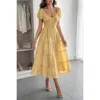 Truedames Solid Backless Tiered Puff Sleeve Fit Midi Dress In Yellow
