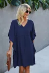 Truedames Solid Batwing Short Sleeve Sleeve Tunic Dress In Blue