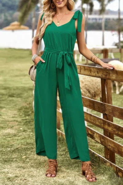 Truedames Solid Belt V Neck Wide Leg Fit Jumpsuit In Green