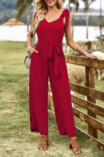 Truedames Solid Belt V Neck Wide Leg Fit Jumpsuit In Red