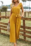Truedames Solid Belt V Neck Wide Leg Fit Jumpsuit In Yellow
