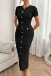 Truedames Solid Buckle Design Zipper Split Short Sleeve Dress In Black
