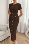 Truedames Solid Buckle Design Zipper Split Short Sleeve Dress In Brown