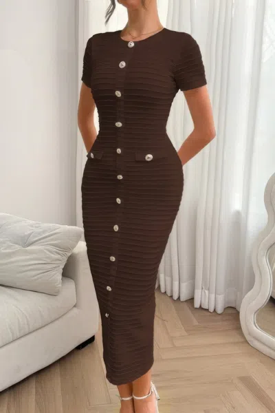 Truedames Solid Buckle Design Zipper Split Short Sleeve Dress In Brown
