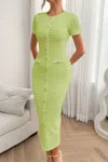 Truedames Solid Buckle Design Zipper Split Short Sleeve Dress In Green