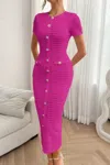 Truedames Solid Buckle Design Zipper Split Short Sleeve Dress In Pink