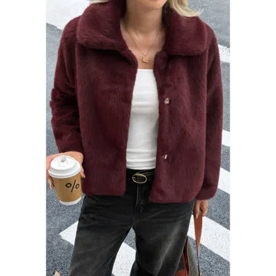 Truedames Solid Button Faux Fur Crop Jacket In Burgundy