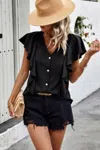Truedames Solid Button Ruffle V Neck Fit Blouse In Black