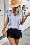 Truedames Solid Button Ruffle V Neck Fit Blouse In Blue