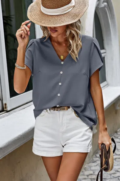 Truedames Solid Button Trim V Neck Loose Fit Blouse In Gray
