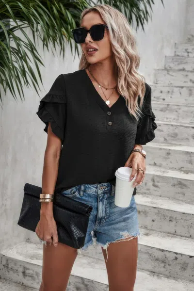 Truedames Solid Button V Neck Ruffle Sleeves Blouse In Black