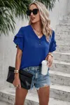 Truedames Solid Button V Neck Ruffle Sleeves Blouse In Blue