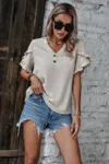 Truedames Solid Button V Neck Ruffle Sleeves Blouse In Neutral