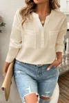 Truedames Pleated V Neck Pockets Button Drop Shoulder Blouse In White