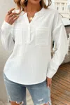 Truedames Pleated V Neck Pockets Button Drop Shoulder Blouse In White