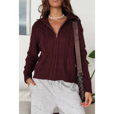 Truedames Solid Cable Knit Drop Shoulder Zipper Cardigan In Burgundy