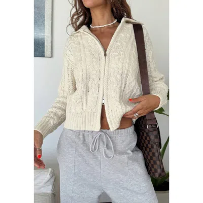 Truedames Solid Cable Knit Drop Shoulder Zipper Cardigan In White