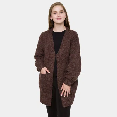 Truedames Solid Color Balloon Sleeve Pockets Cardigan In Brown