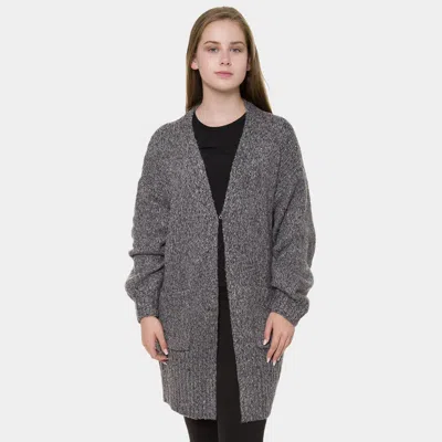Truedames Solid Color Balloon Sleeve Pockets Cardigan In Gray