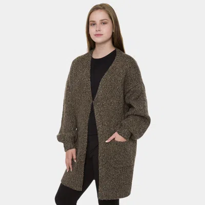 Truedames Solid Color Balloon Sleeve Pockets Cardigan In Green