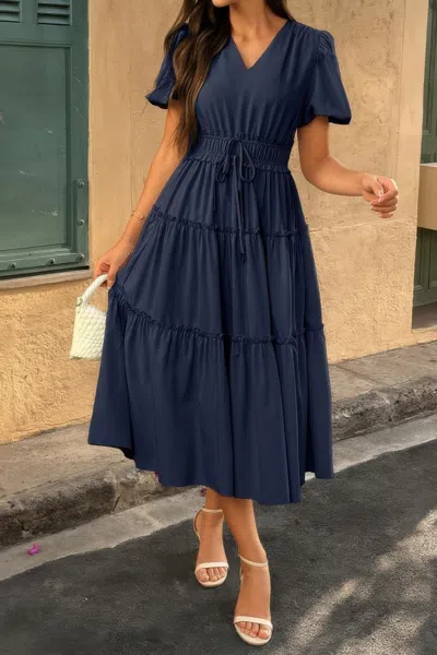 Truedames Solid Color Block Puff Sleeve Elastic Waist Dress In Blue