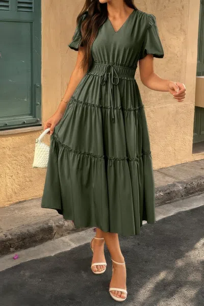 Truedames Solid Color Block Puff Sleeve Elastic Waist Dress In Green