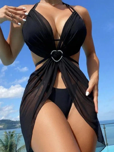 Truedames Solid Color Hollow Out Halter Bikini Three Pieces Swimsuit Women's Bikini Swimwear In Black