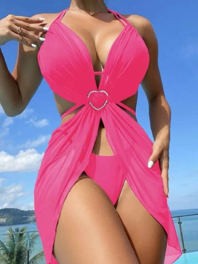 Truedames Solid Color Hollow Out Halter Bikini Three Pieces Swimsuit Women's Bikini Swimwear In Pink