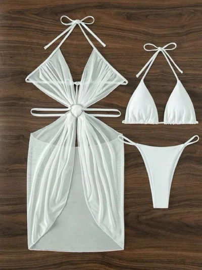 Truedames Solid Color Hollow Out Halter Bikini Three Pieces Swimsuit Women's Bikini Swimwear In White