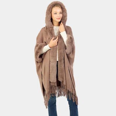 Truedames Solid Color Hoodie Winter Cape With Faux Fur Edge In Brown