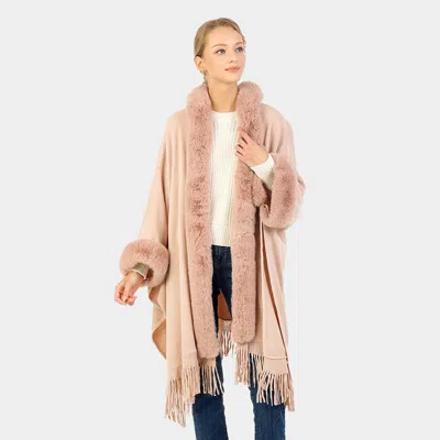 Truedames Solid Color Hoodie Winter Cape With Faux Fur Edge In Pink