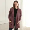 Truedames Solid Color Knit Ribbed Open Front Cardigan With Pockets In Brown