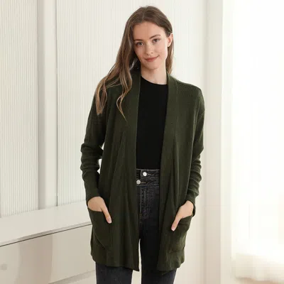 Truedames Solid Color Knit Ribbed Open Front Cardigan With Pockets In Green