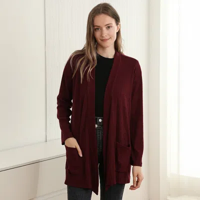 Truedames Solid Color Knit Ribbed Open Front Cardigan With Pockets In Red