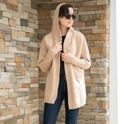 Truedames Solid Color Knitted Hood And Ribbed Edges Cardigan In Neutral