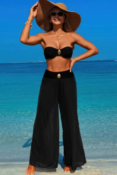 Truedames Solid Color Metal Decor Beach Bikini Pants Set In Black