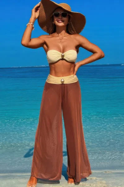 Truedames Solid Color Metal Decor Beach Bikini Pants Set In Metallic