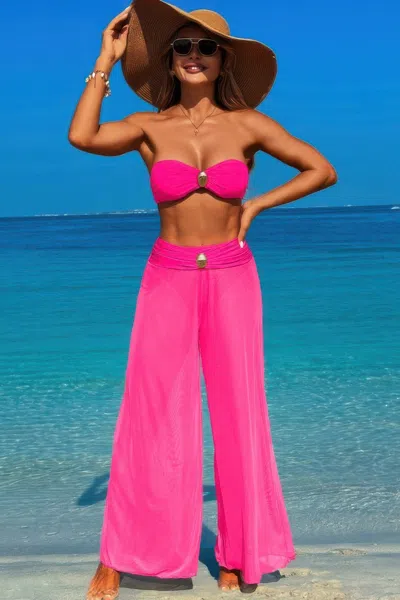 Truedames Solid Color Metal Decor Beach Bikini Pants Set In Pink