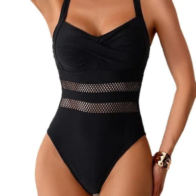 Truedames Solid Color One Piece Swimsuit Mesh Paneled Waist Cinching Slimming Tight Bikini In Black