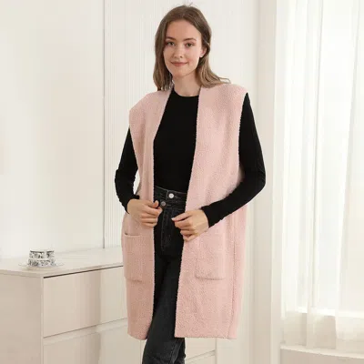Truedames Solid Color Open Front Long Vest In Pink