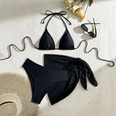 Truedames Solid Color Printed Beach Bikini Sexy Three Piece Swimsuit For Women In Black