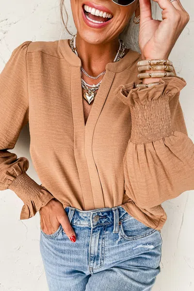 Truedames Solid Color Shir Cuff Notch V Neck Blouse In Brown
