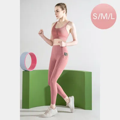 Truedames Solid Color Sports Bra And High Rise Stash Pocket Tight Set In Pink