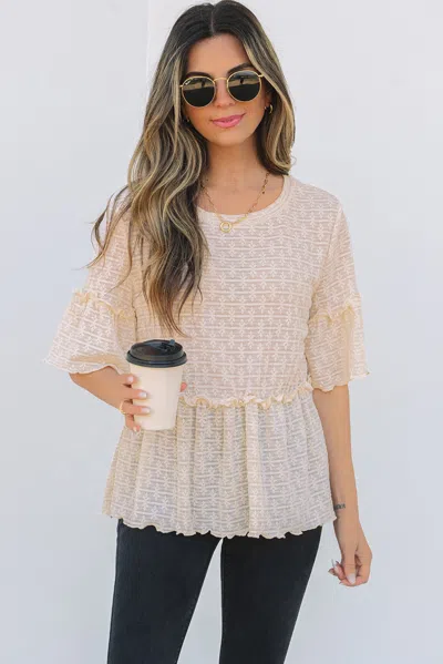 Truedames Solid Color Textu Ruffled Short Sleeve Blouse In Neutral